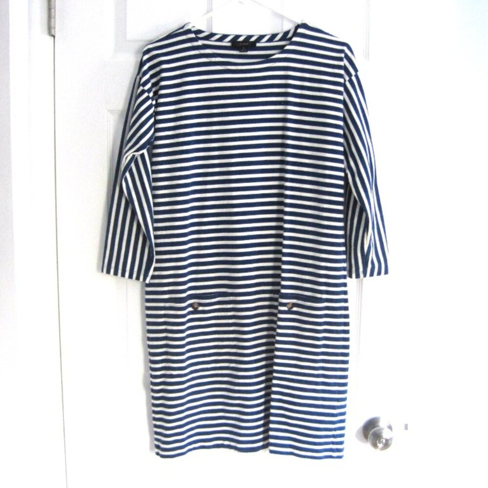 J. Crew Knit Front-Pocket Shift Dress in Blue & White Stripes Size S 100% Cotton - Picture 1 of 8